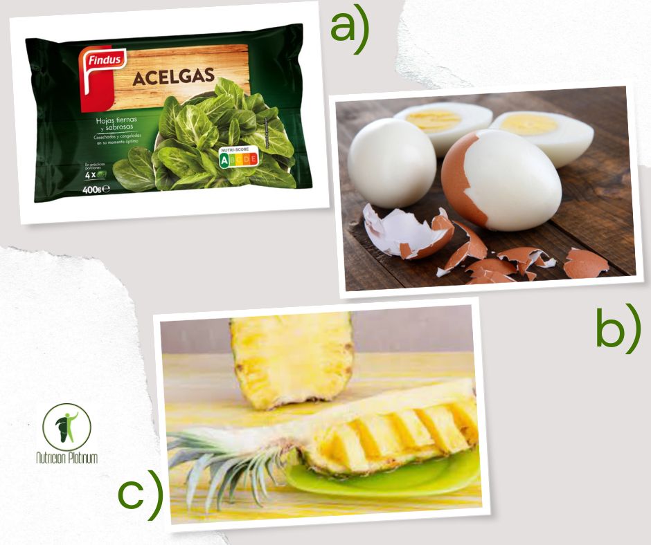 Acelgas con huevos cocidos y 1 tajada de piña por persona.